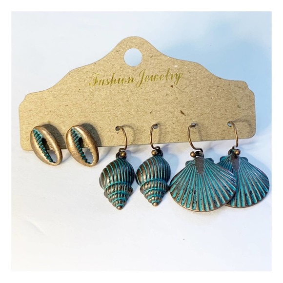 NEW sea shell earrings set with turquoise wash - Picture 1 of 3